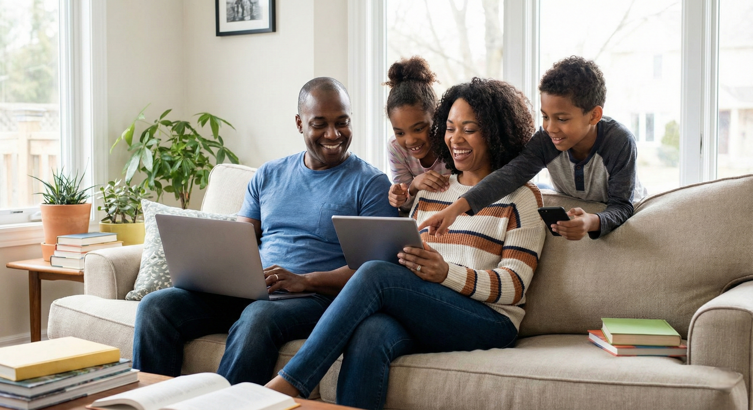 Family using secure internet connection on multiple devices, protected by Firegate
