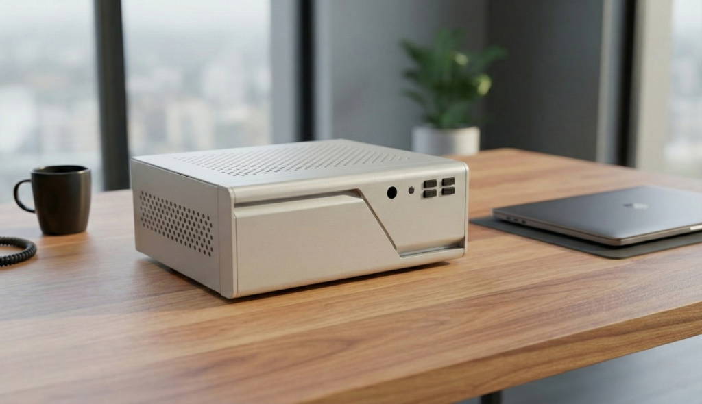 Firegate security box front-left angled view on wooden desk