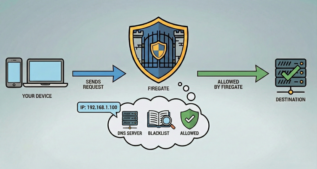Illustration showing how Firegate DNS filtering blocks malicious domains and allows safe traffic.