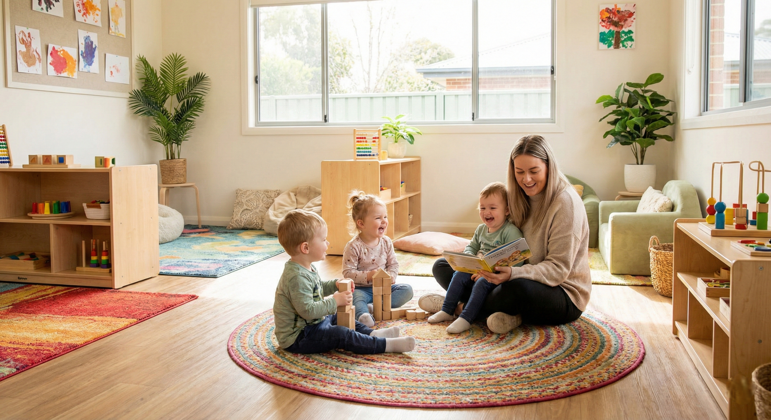 Mother playing with children in a safe, connected smart home environment