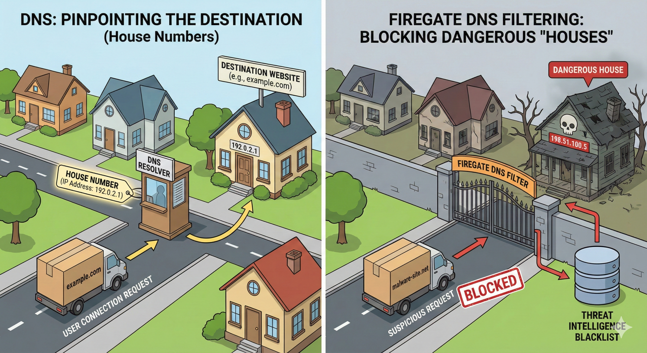 Illustration showing how Firegate DNS filtering blocks dangerous destinations before connection, compared to standard DNS resolution