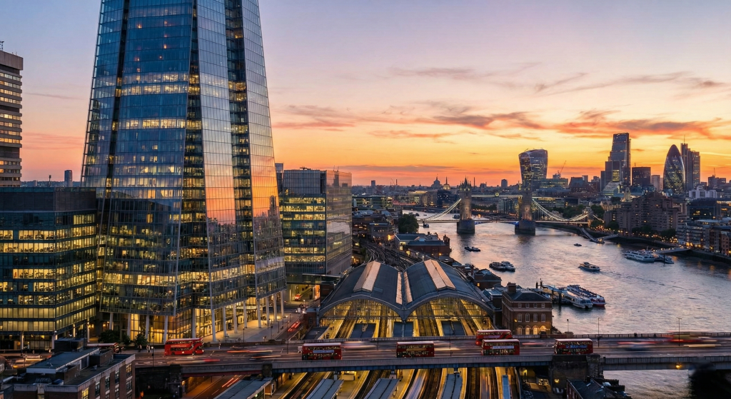Modern city skyline at sunset with tall glass buildings and digital infrastructure