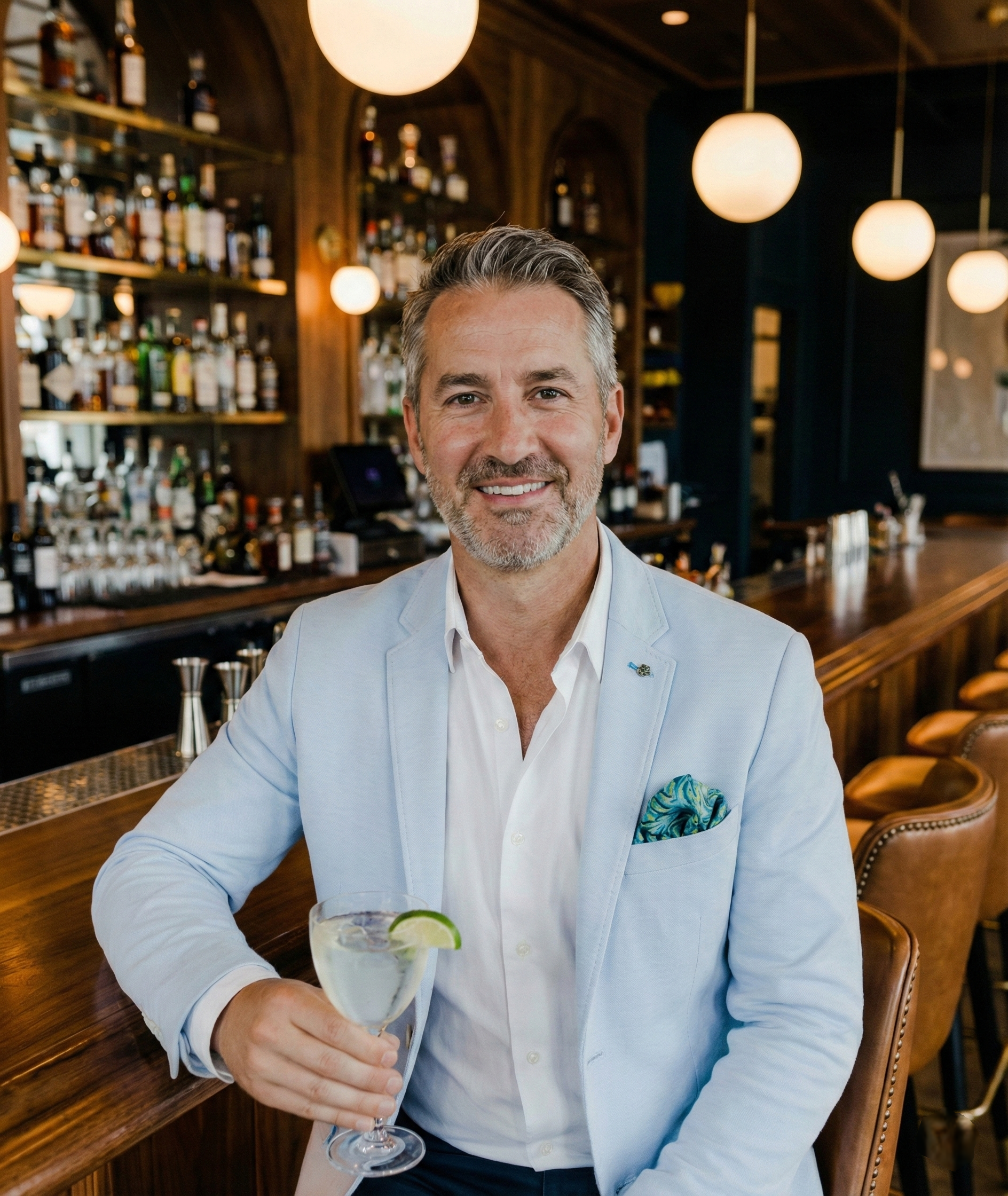 Middle-aged man smiling with a drink in hand at a stylish bar, representing a happy Firegate customer
